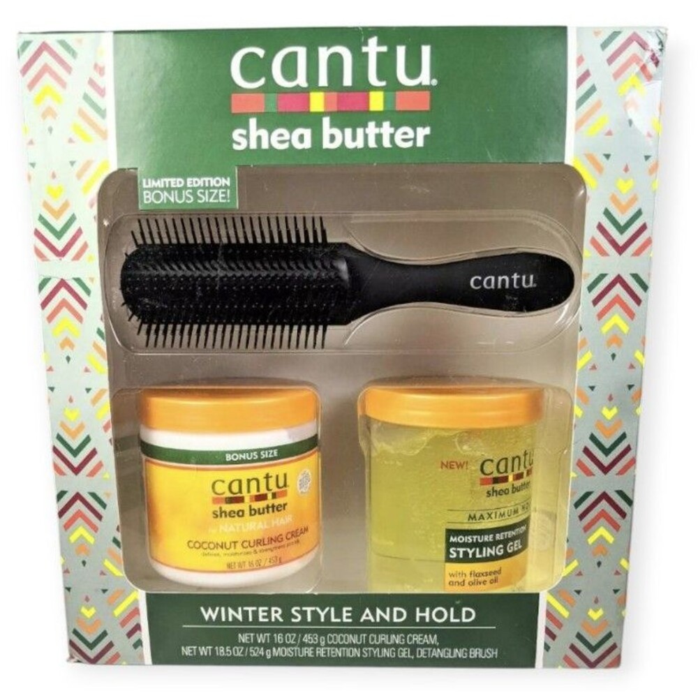 Cantu Shea Butter Winter Style & Hold Gift Set Curling Cream Styling Gel Brush